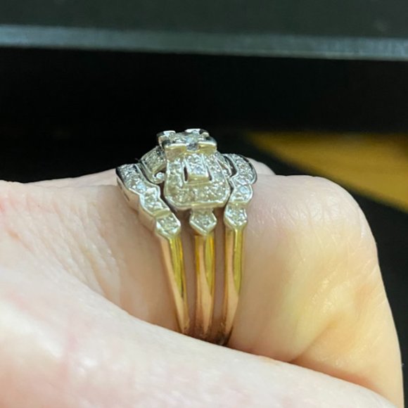14k two tone gold three band art deco diamond wedding set sz 9.5 - Picture 4 of 5
